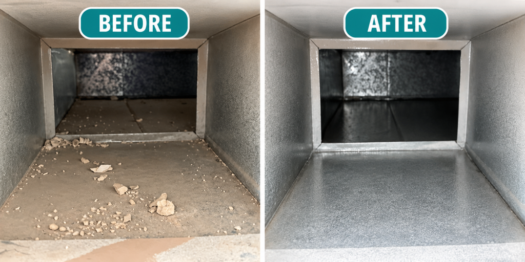 Before and after Air Duct Cleaning showing construction debris removed from ductwork in a Phoenix, AZ home.