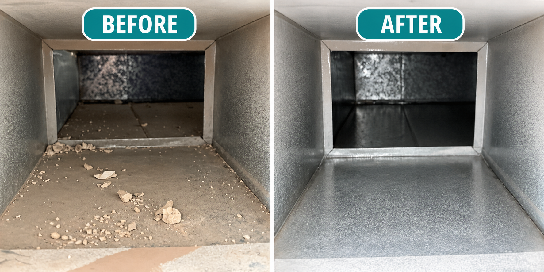 Before and after Air Duct Cleaning showing construction debris removed from ductwork in a Queen Creek, AZ home.