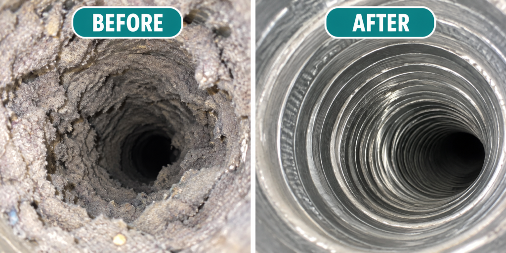 Before and after Dryer Vent cleaning in Phoenix, AZ showing heavy lint buildup removed from the vent line