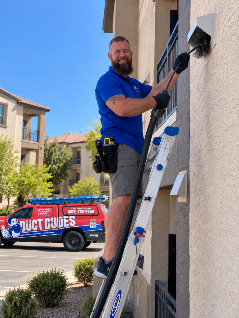 Duct Dudes technician cleaning an exterior Dryer Vent at a Phoenix Valley apartment community