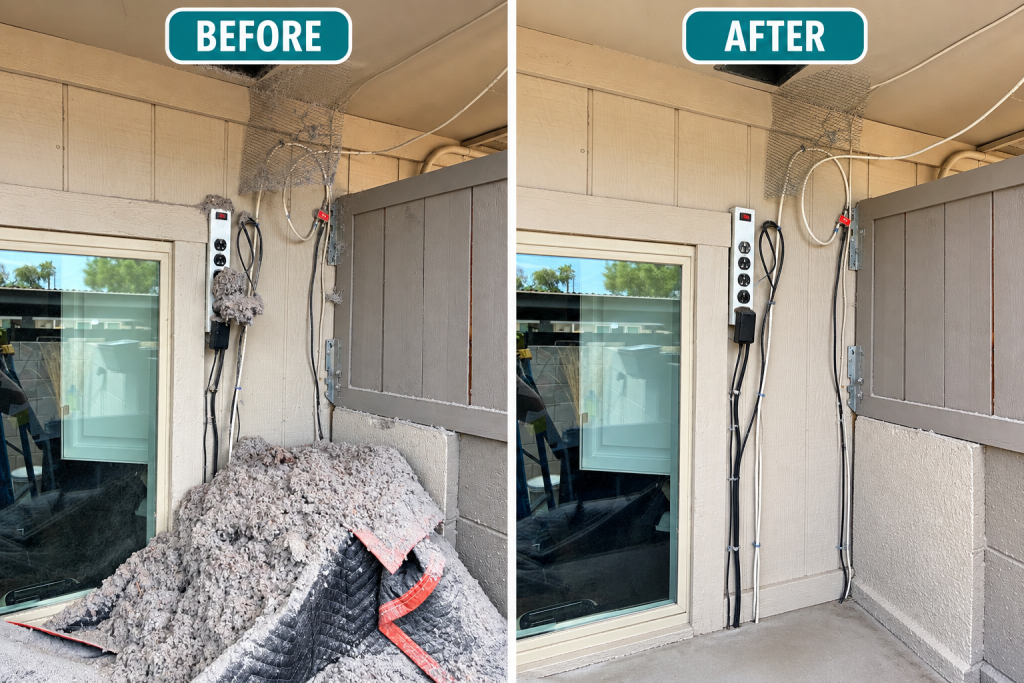 Before and after Dryer Vent cleaning in Phoenix, AZ showing excessive lint buildup removed from the vent system
